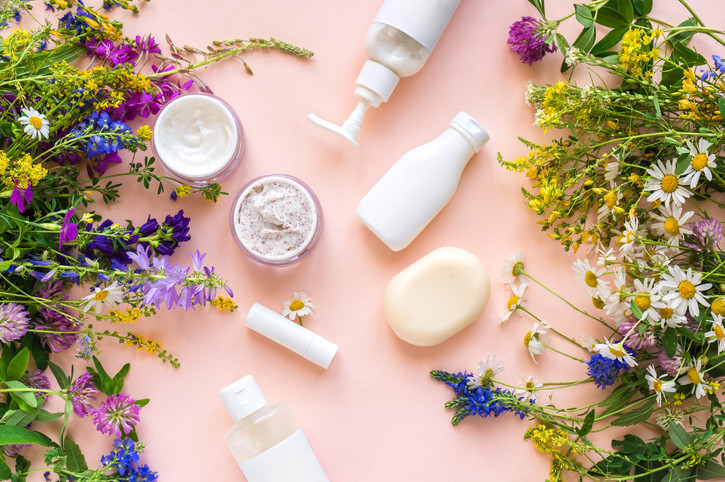 Natural skincare ingredients including herbs and botanicals